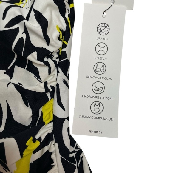 DKNY Ruffle Neck One Piece Swimsuit Fluro Yellow Multi Black Small New - Picture 6 of 8
